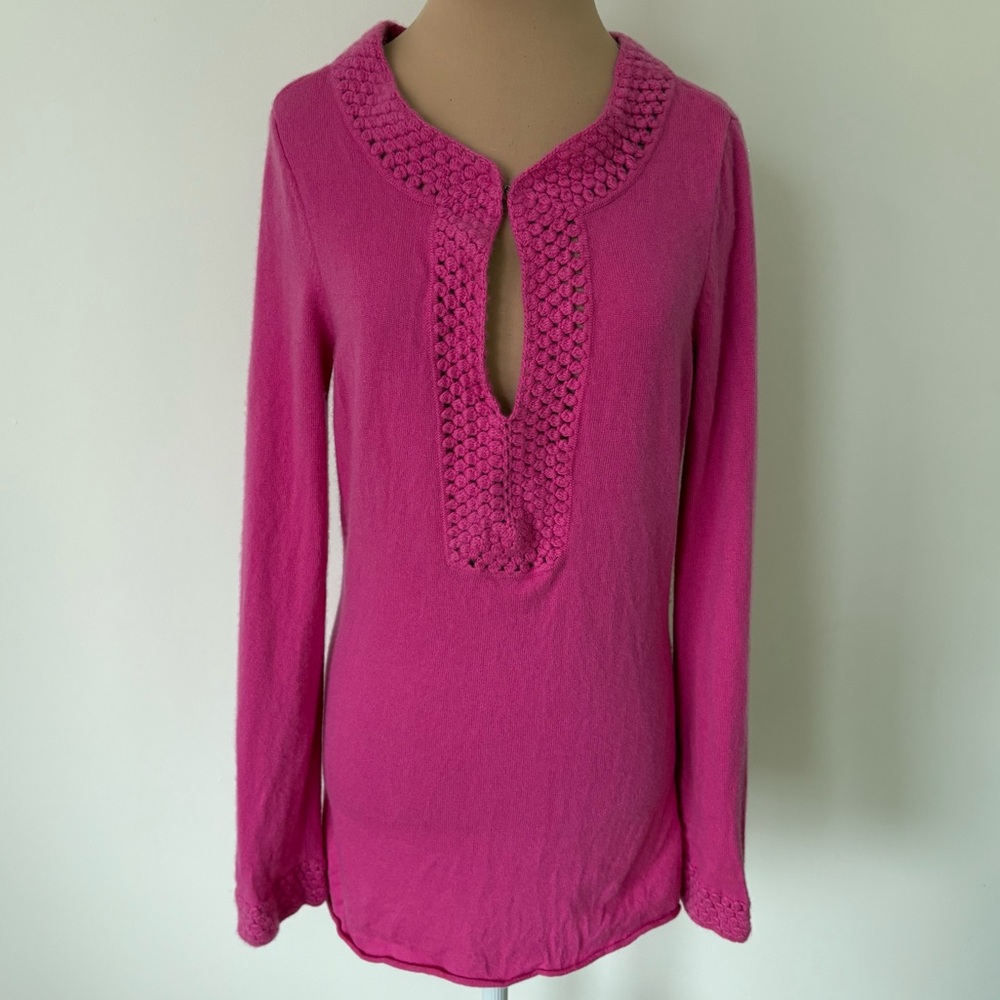 Lilly Pulitzer 100% Cashmere Crochet Split V-Neck Pink Tunic Sweater EUC Size S